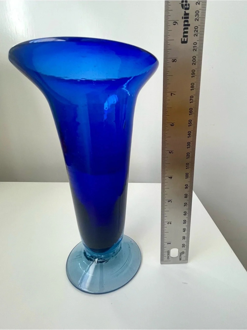 Crate & Barrel Hand Blown Mexican Cobalt Blue Art Glass Trumpet Vase 7.5